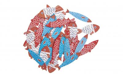 Rico Streudeko Holz Fische rot, weiss, blau
