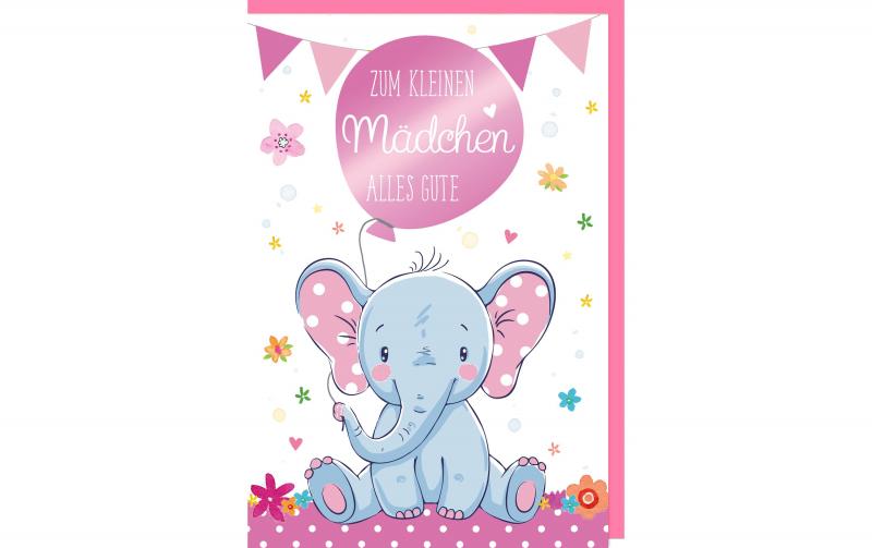 B+CGlückwunschkarte zur Geburt Elefant rosa